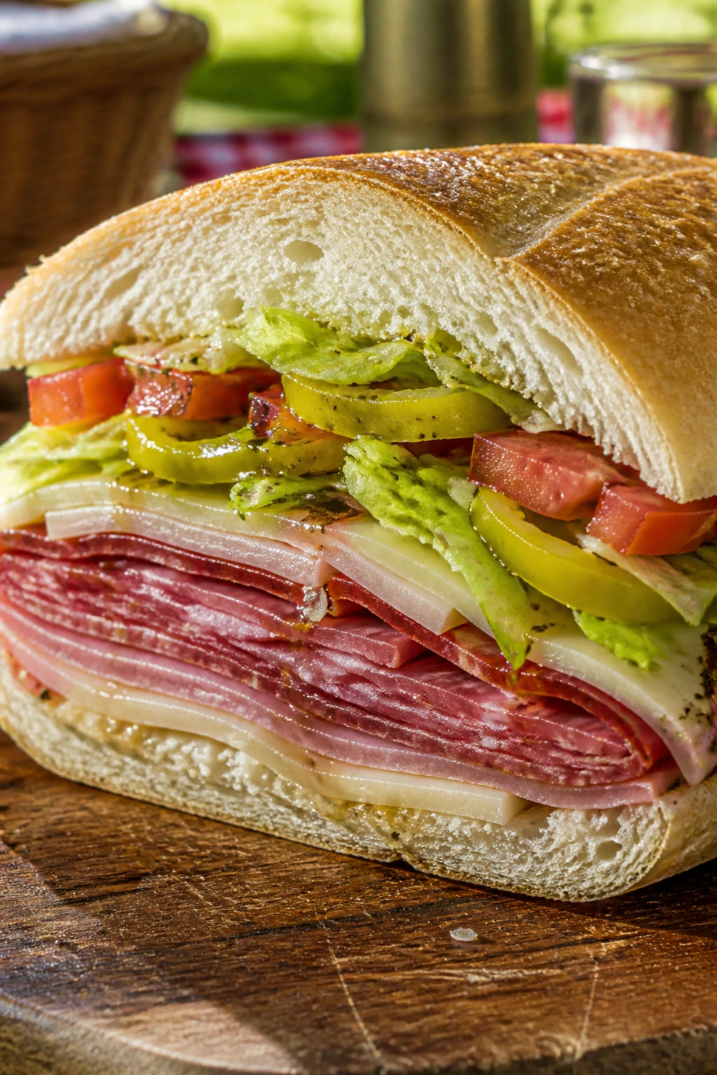Cross-section of Italian deli sandwich with multiple meats and vegetables.