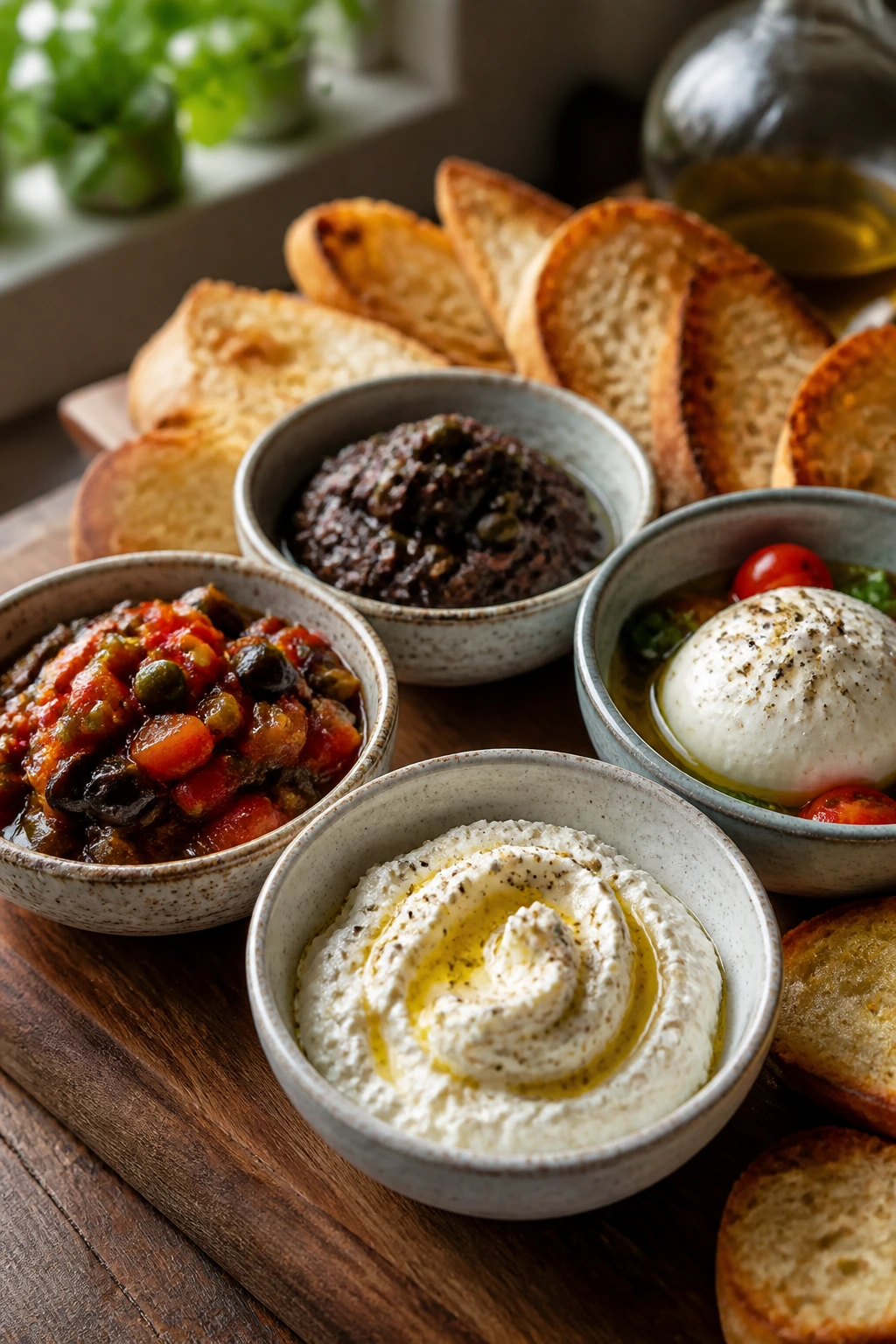Assorted Italian dips on a rustic board with bread for pasta night