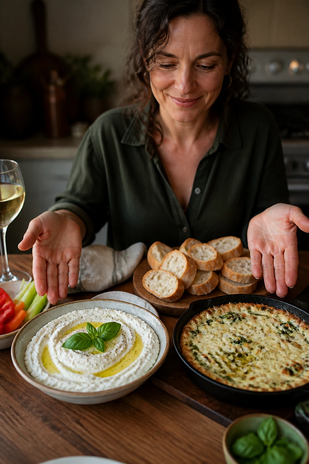 Person serving Italian dip spread on a dining table.