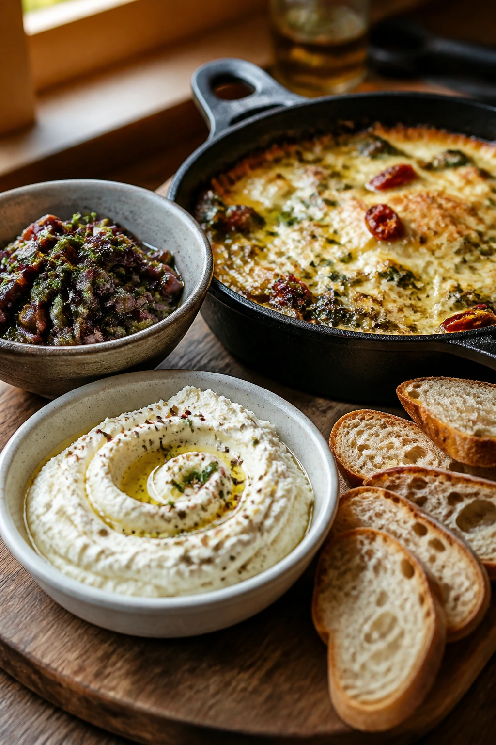 Close-up of three Italian dips on a wooden board with bread in a cozy kitchen