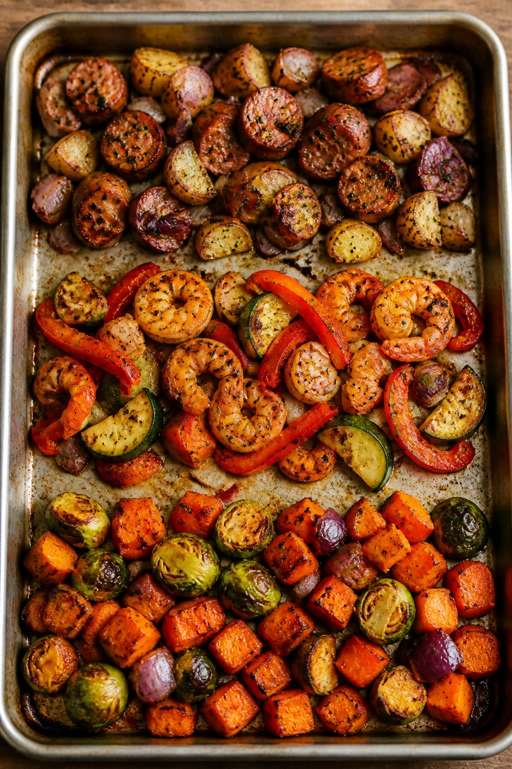 Sheet pan with three variation clusters of roasted ingredients