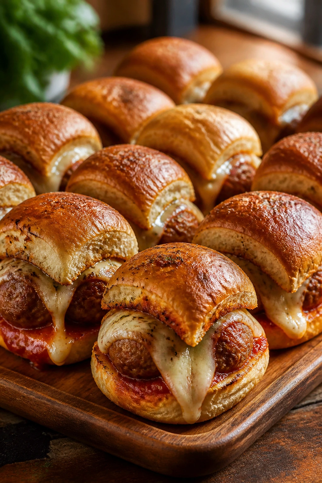 Tray of Italian meatball sliders on a wooden board.
