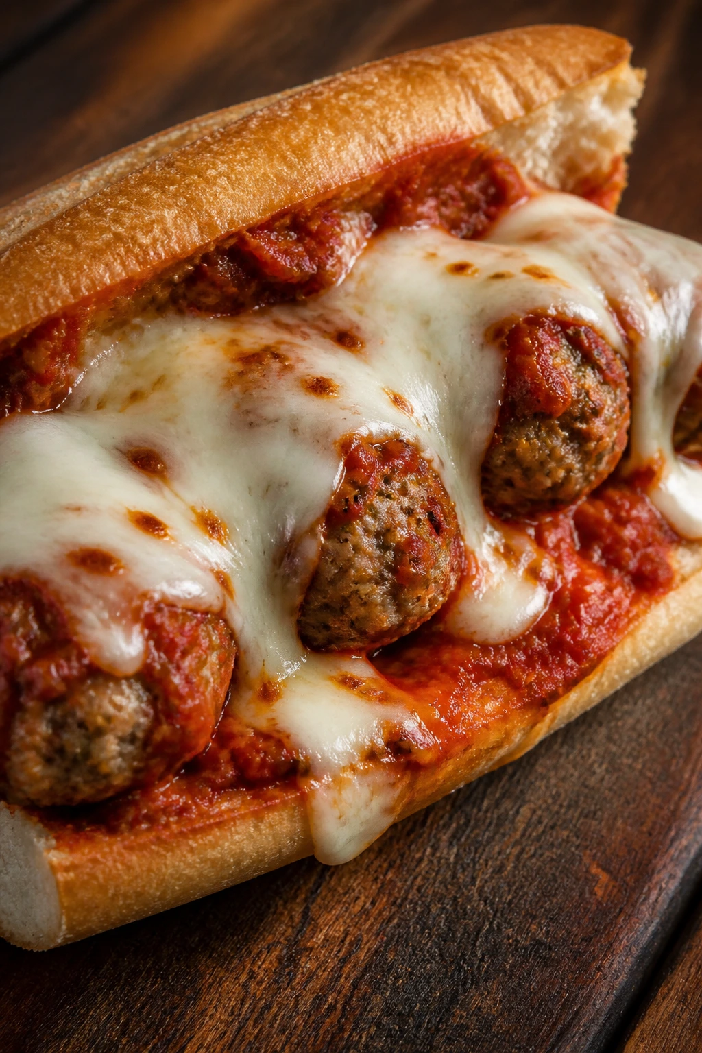 Close-up of Italian meatball sub with melted cheese on a wooden surface