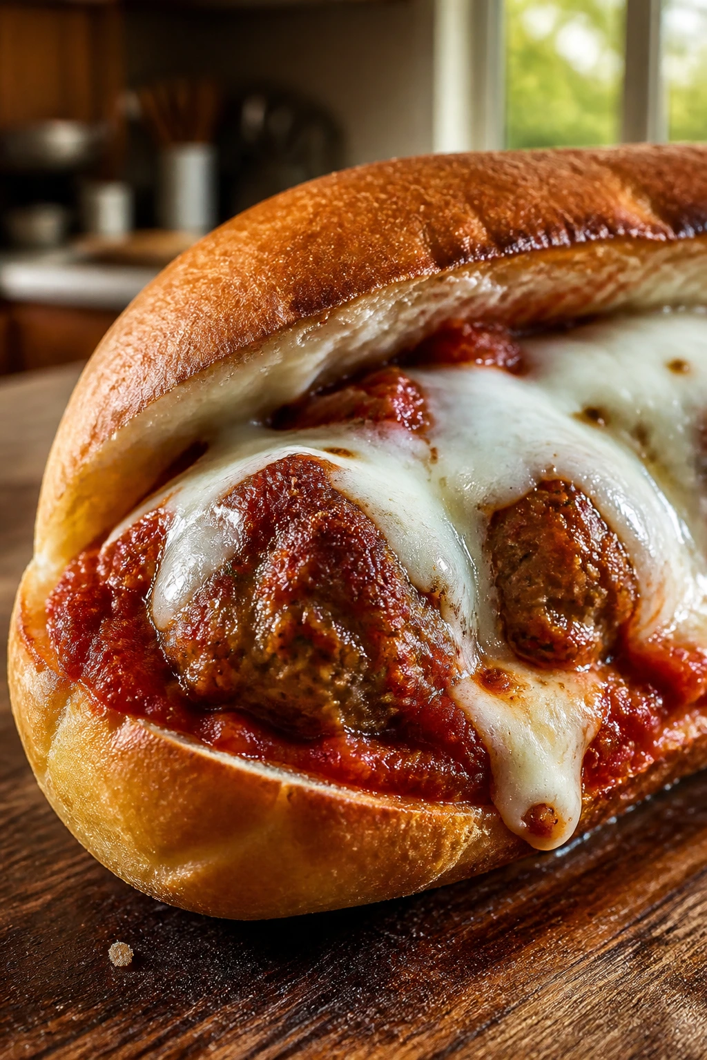 Italian Meatball Sub close-up on rustic board with marinara and melted mozzarella.