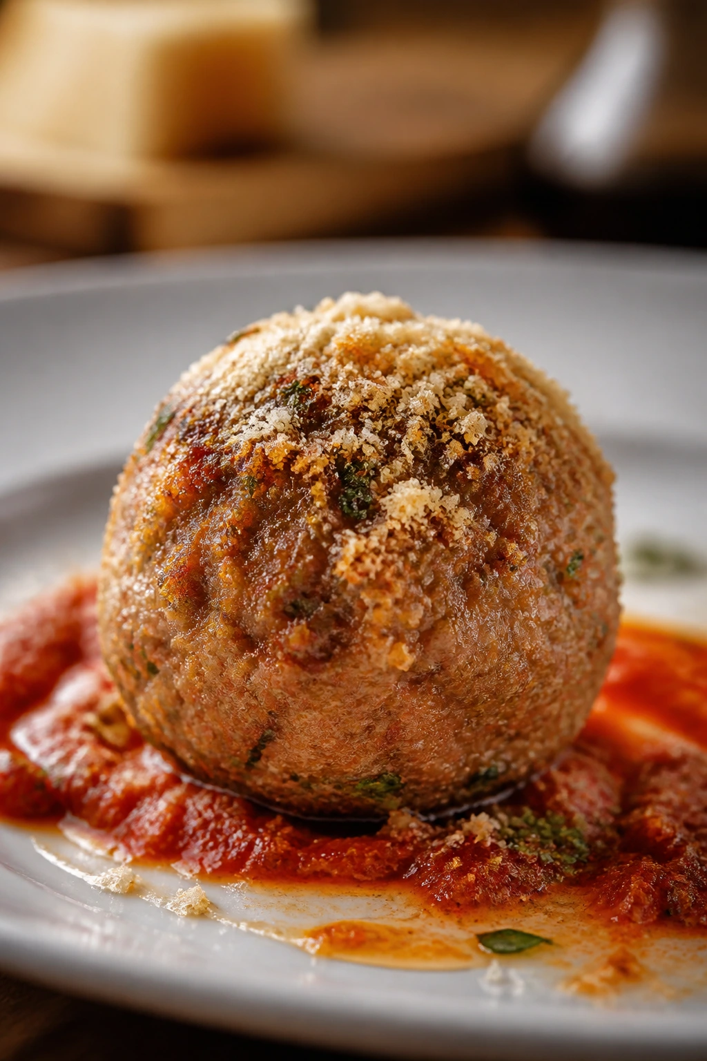 Close-up of a classic Italian breadcrumb meatball on a plate with marinara.
