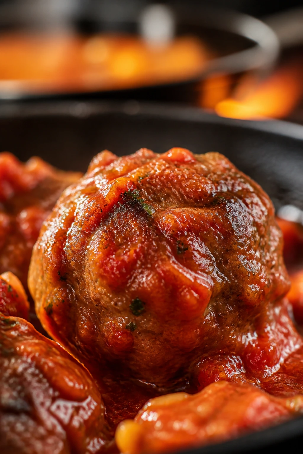 Close-up of a single Italian meatball in sauce