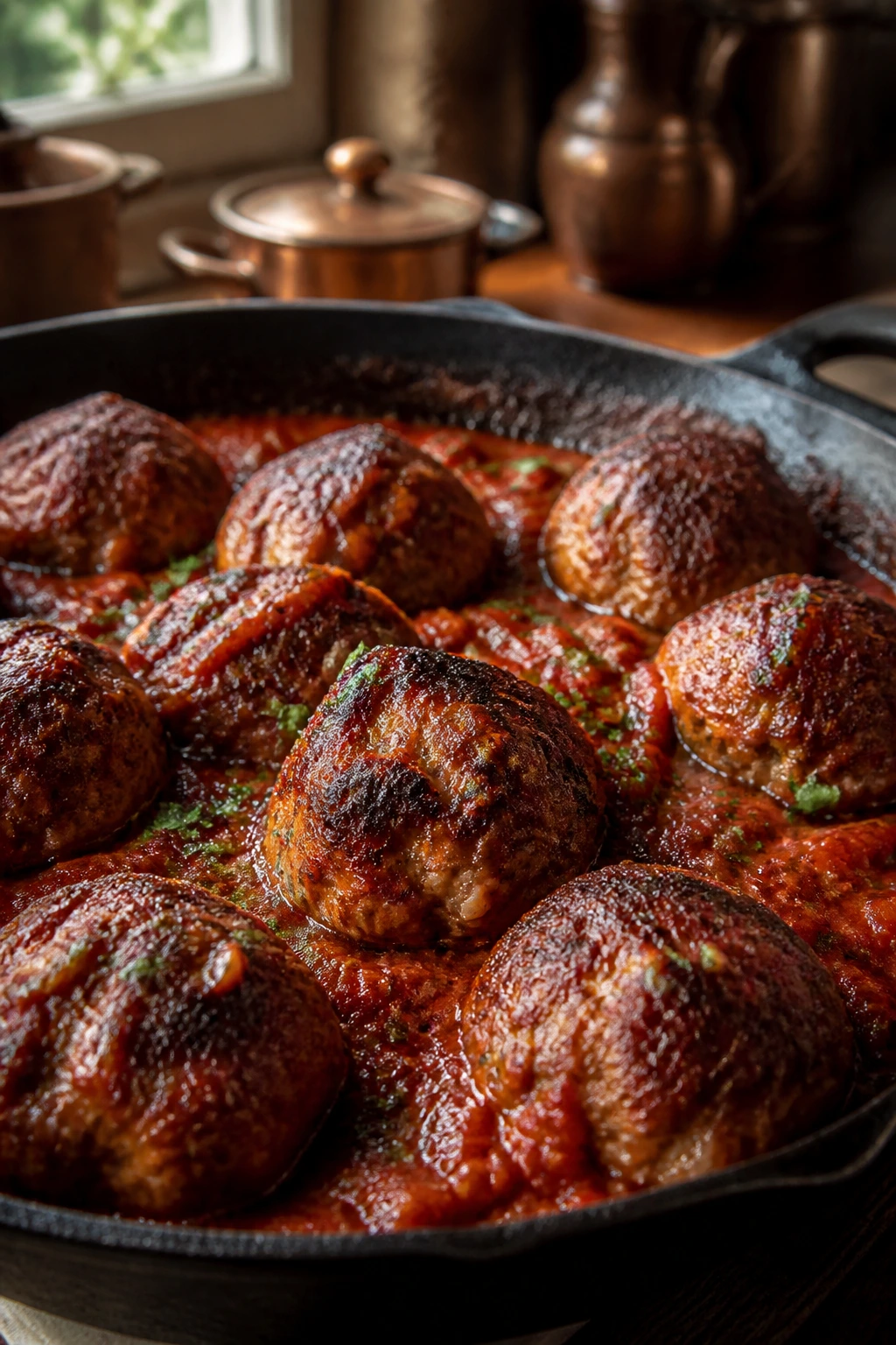 Close-up of browned Italian meatballs in tomato sauce in a cast-iron skillet