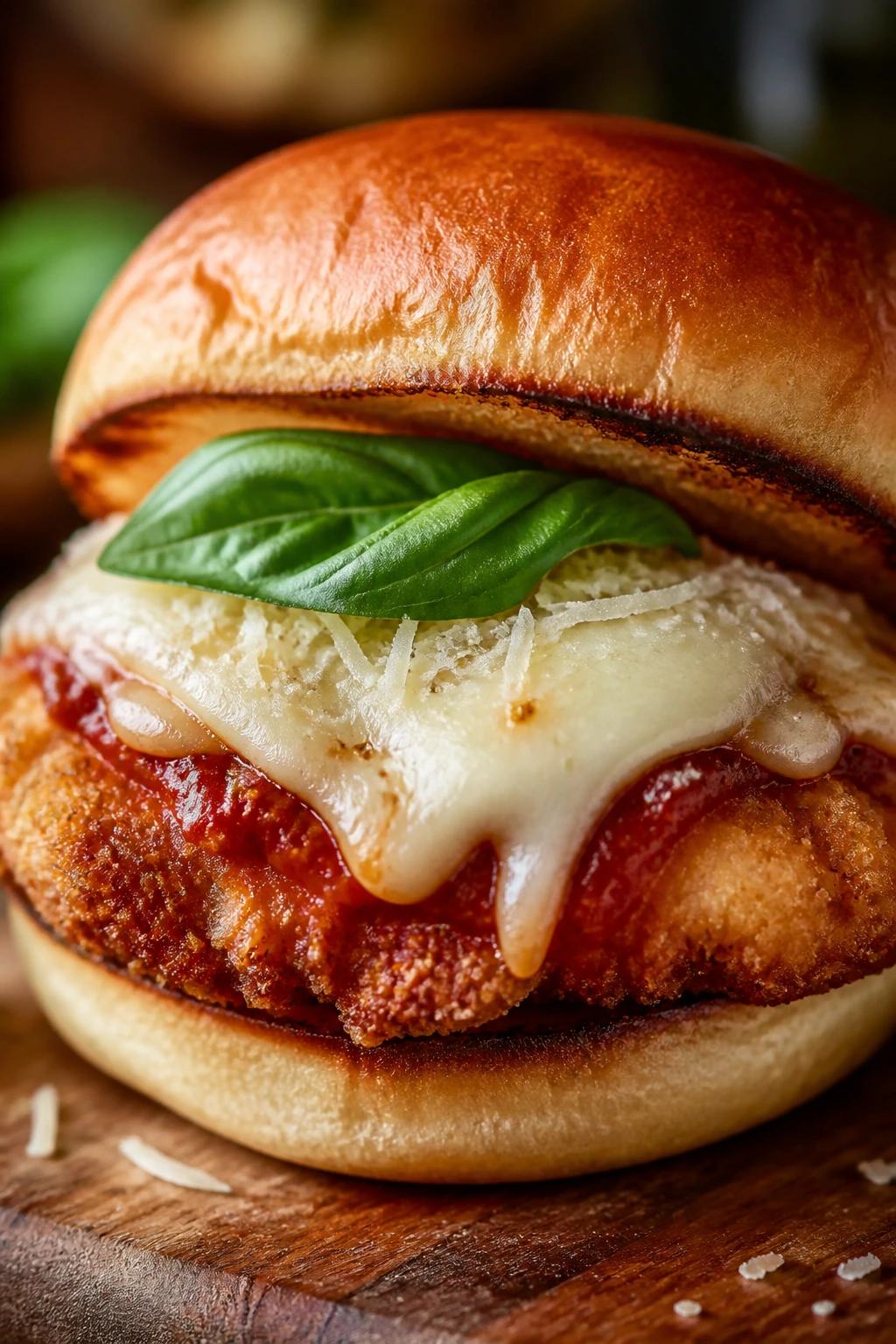 Close-up of Italian pork parmesan slider with mozzarella and basil