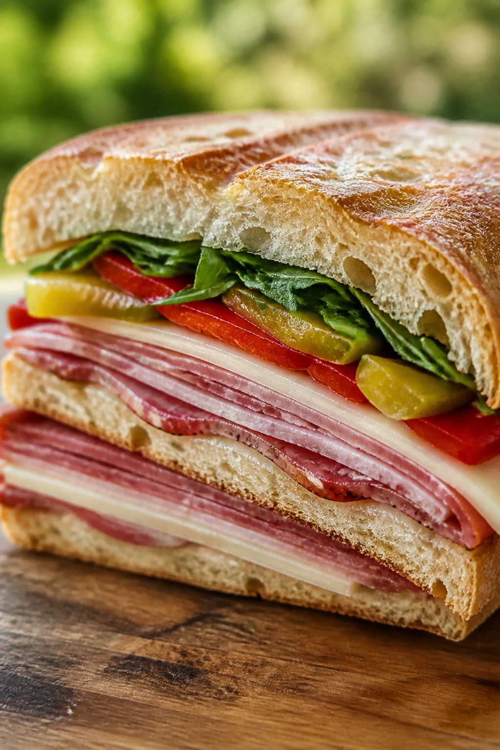 Cross-section of pressed Italian picnic sandwich on a rustic board