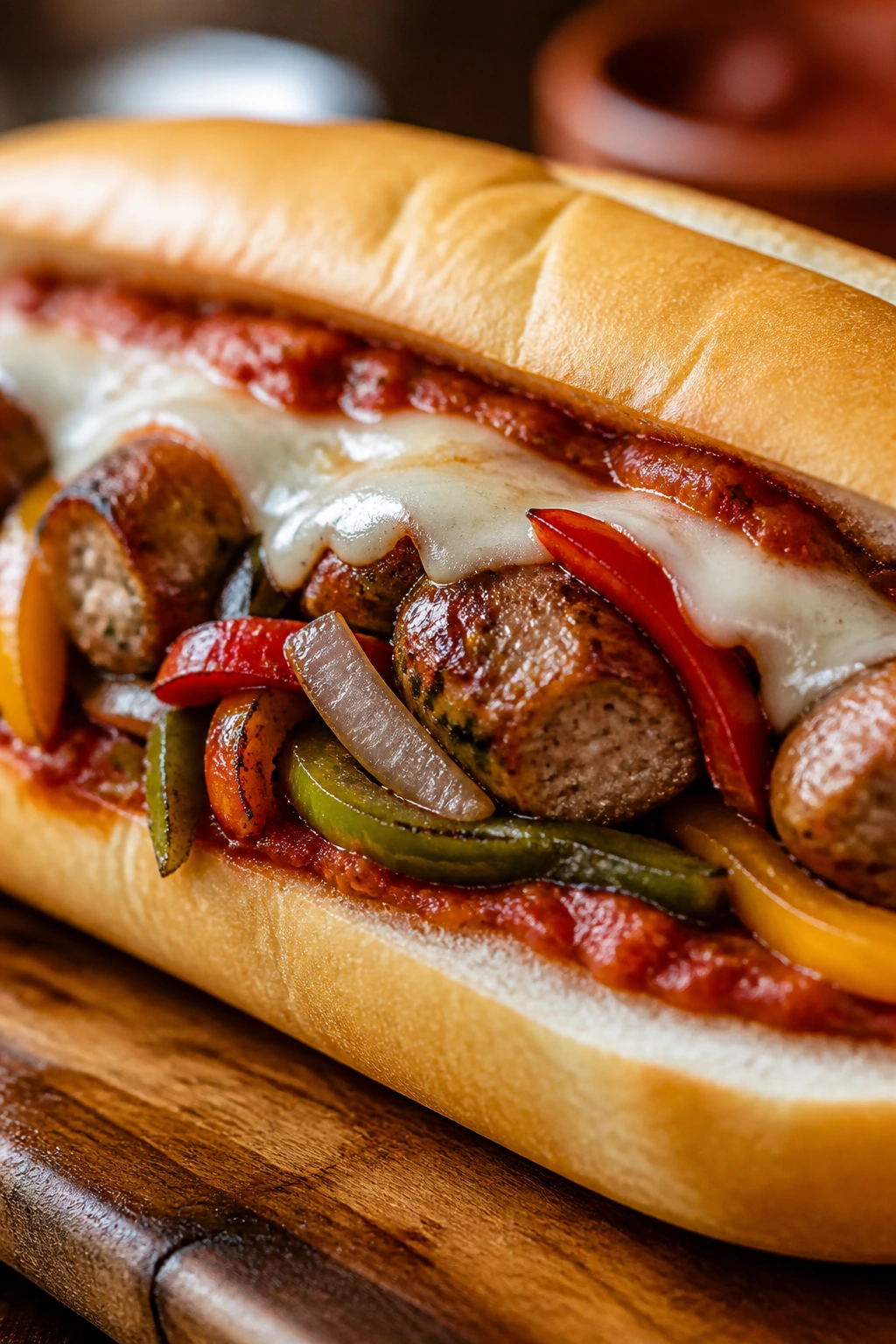 Close-up of an Italian sausage and peppers hoagie with melted provolone.