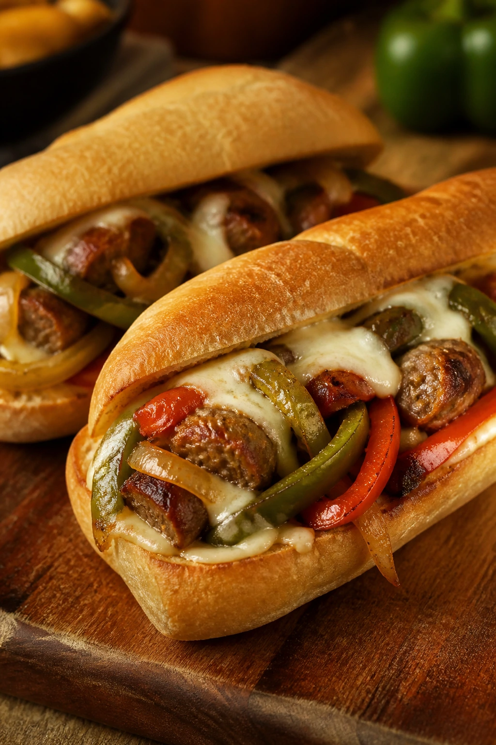 Close-up of Italian sausage hoagies with peppers and onions