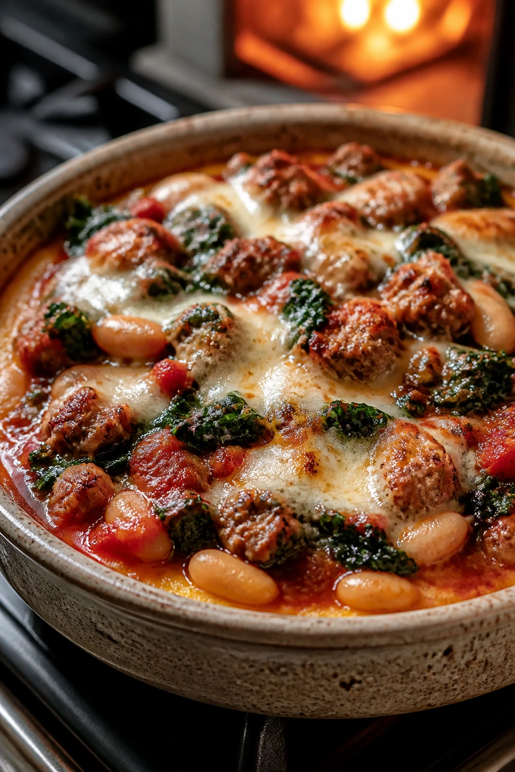 Close-up of Italian Sausage and Kale Pizza Bowl with sausage and kale