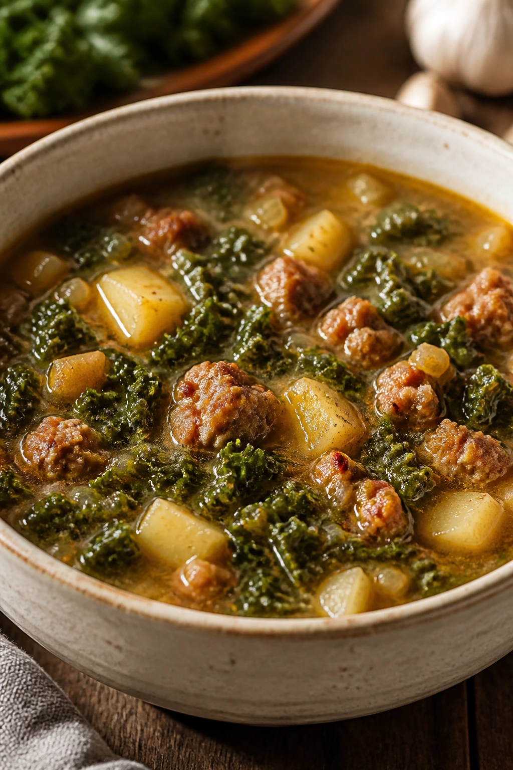 Steaming bowl of Italian sausage and kale soup with potatoes