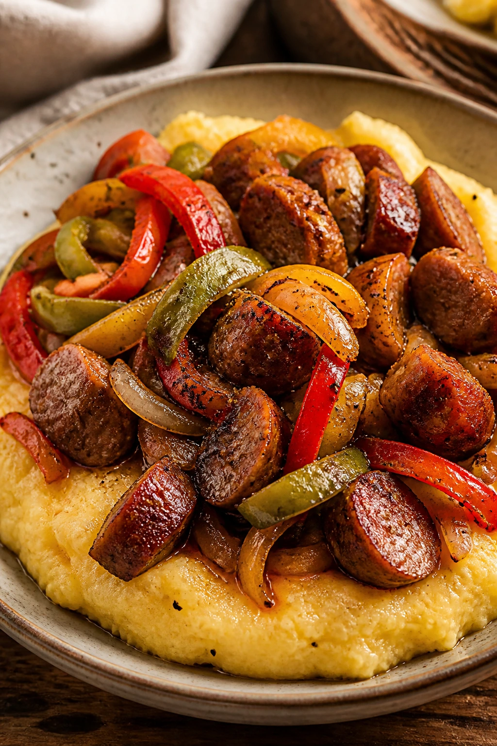 Close-up of Italian sausage and peppers over creamy polenta on a rustic plate