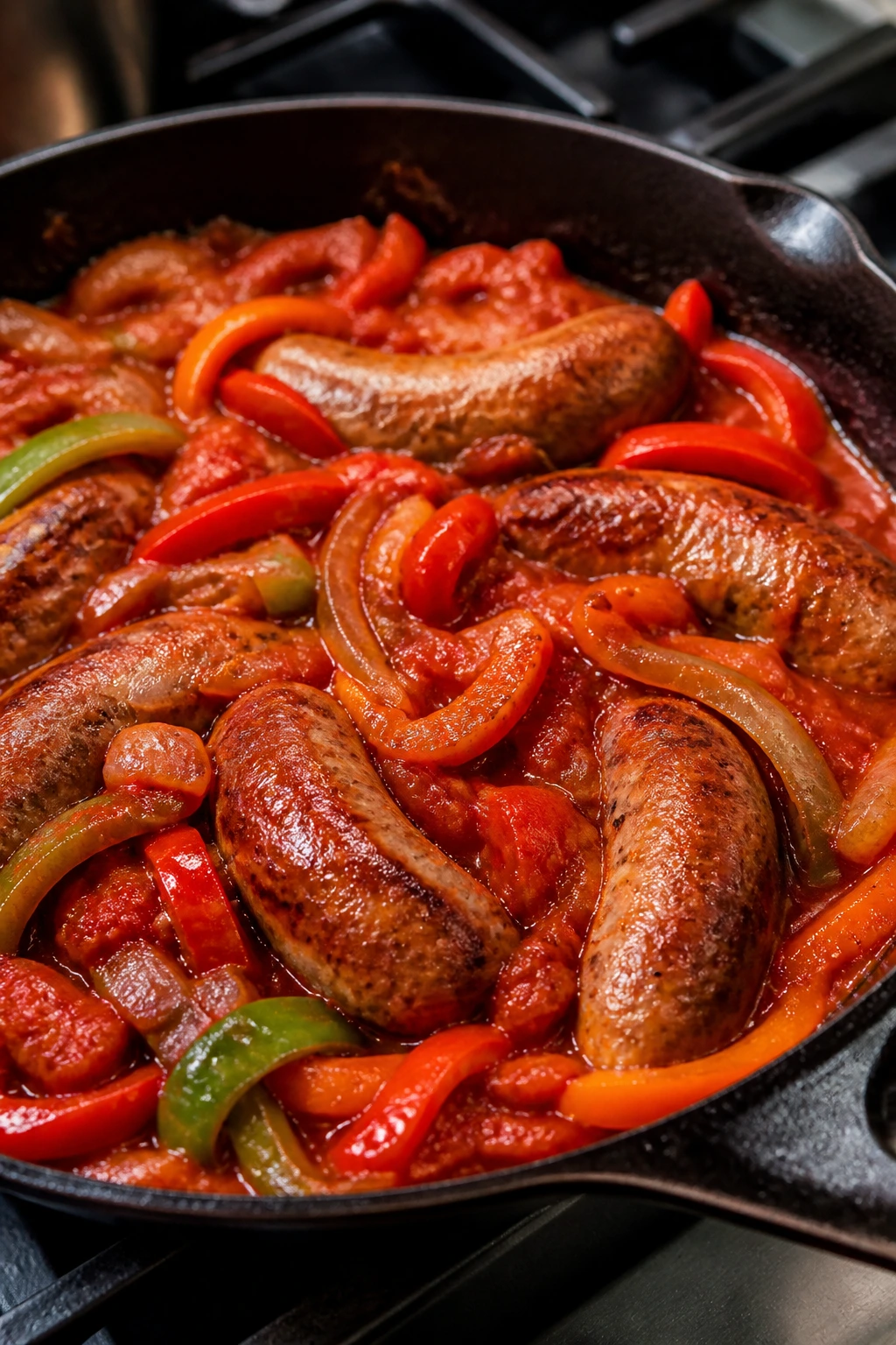 Sausage and peppers in a skillet