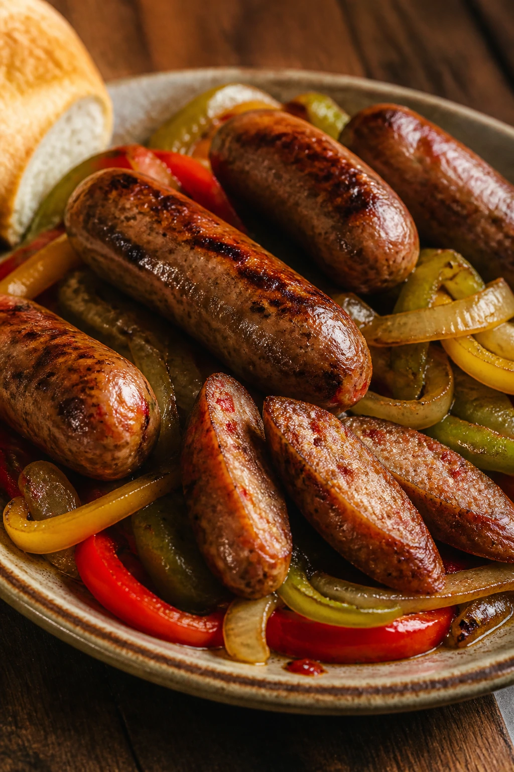 Close-up of Italian sausage links on a warm rustic platter with onions and peppers.