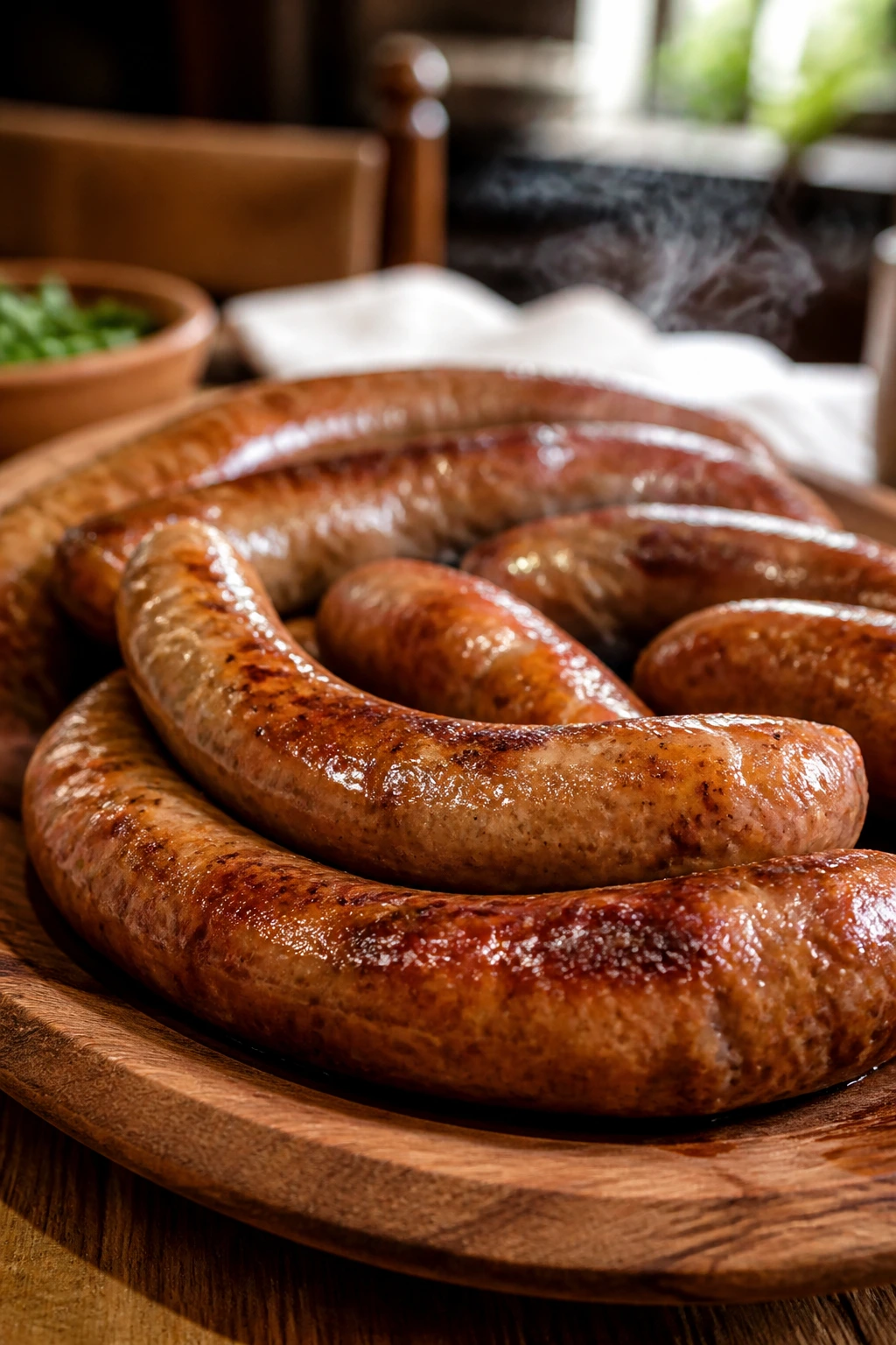 Glossy Italian sausage links on a warm platter with steam in a rustic dining setup