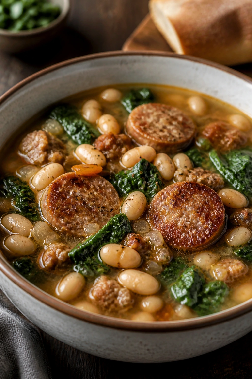 Steaming Italian Sausage and White Bean Soup in a rustic bowl on a kitchen table