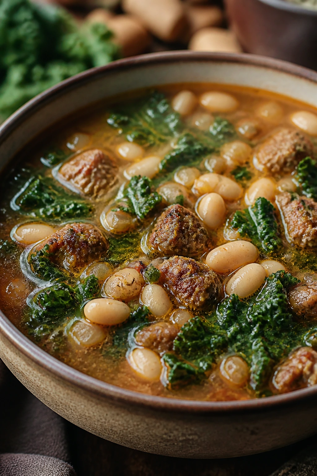 Steaming bowl of Italian sausage white bean kale soup