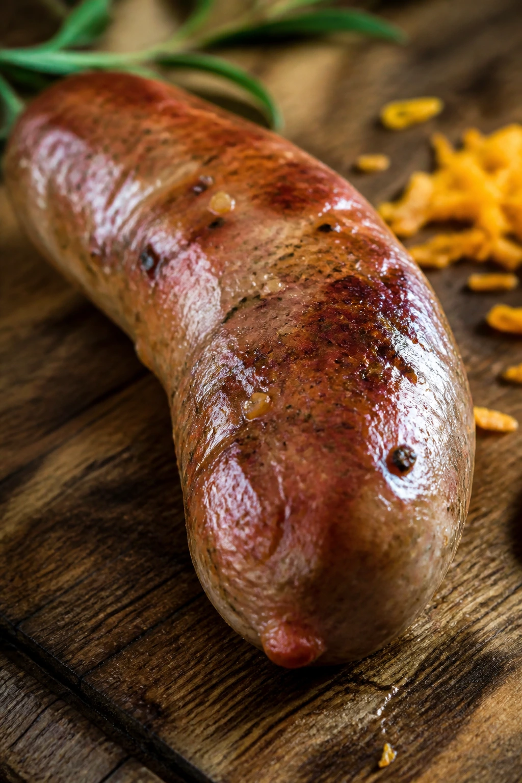 Single Italian sausage link with fennel specks on a wooden board
