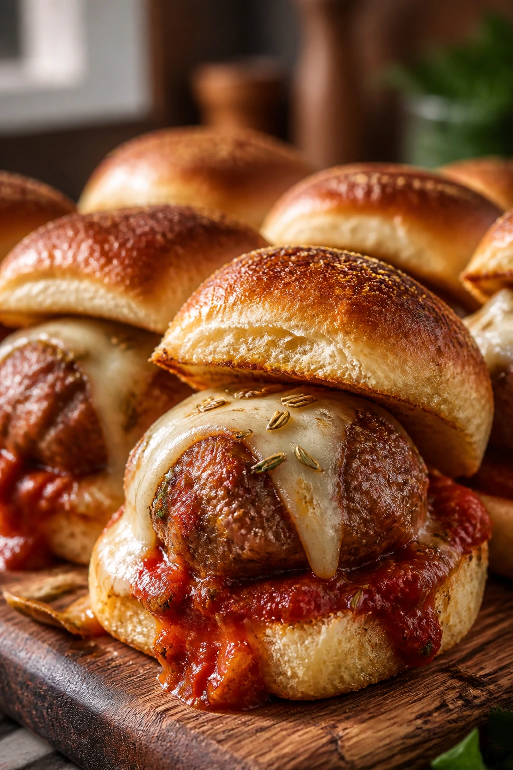 Close-up of sausage-beef meatball sliders with fennel seeds and melted cheese on a wooden board
