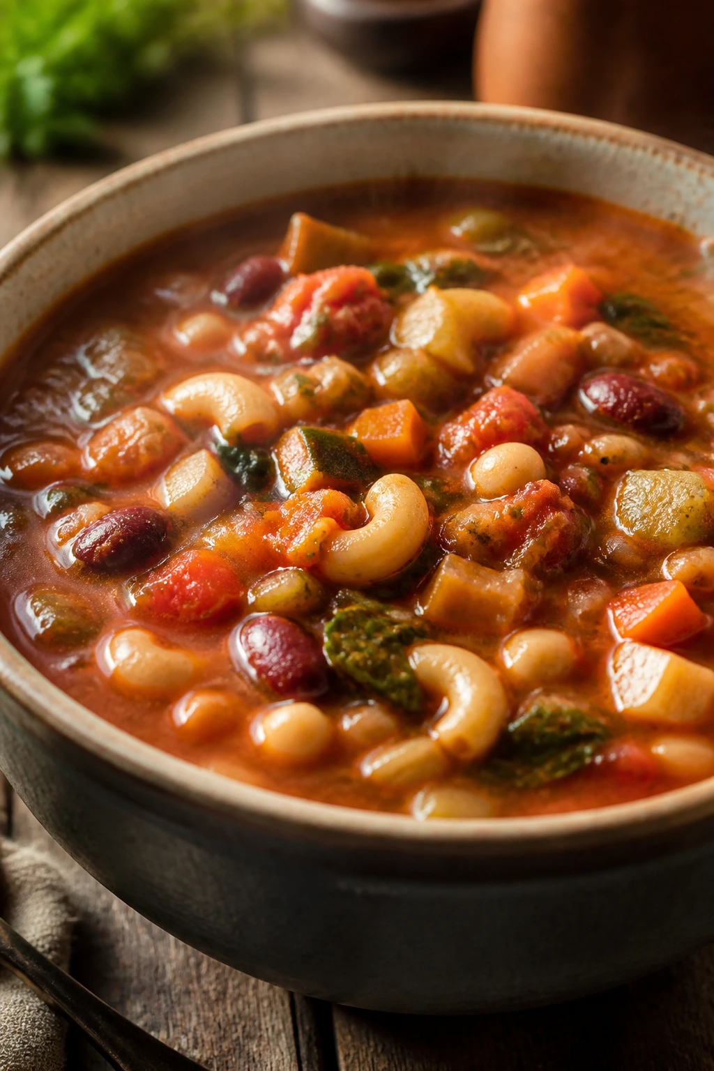 Close-up of hearty minestrone in a rustic bowl, soup filling the frame
