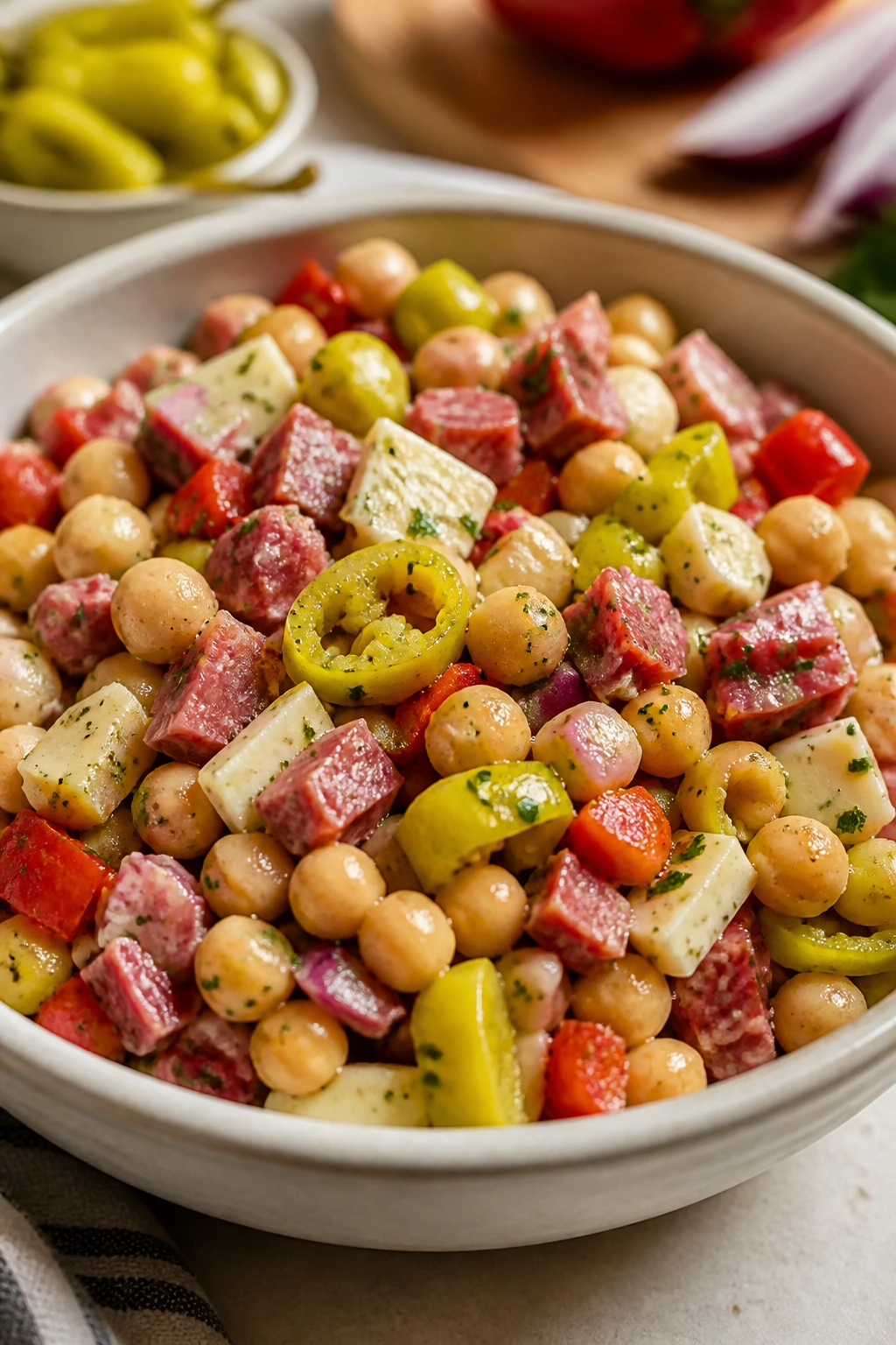Close-up of Italian Sub chickpea salad in a bowl
