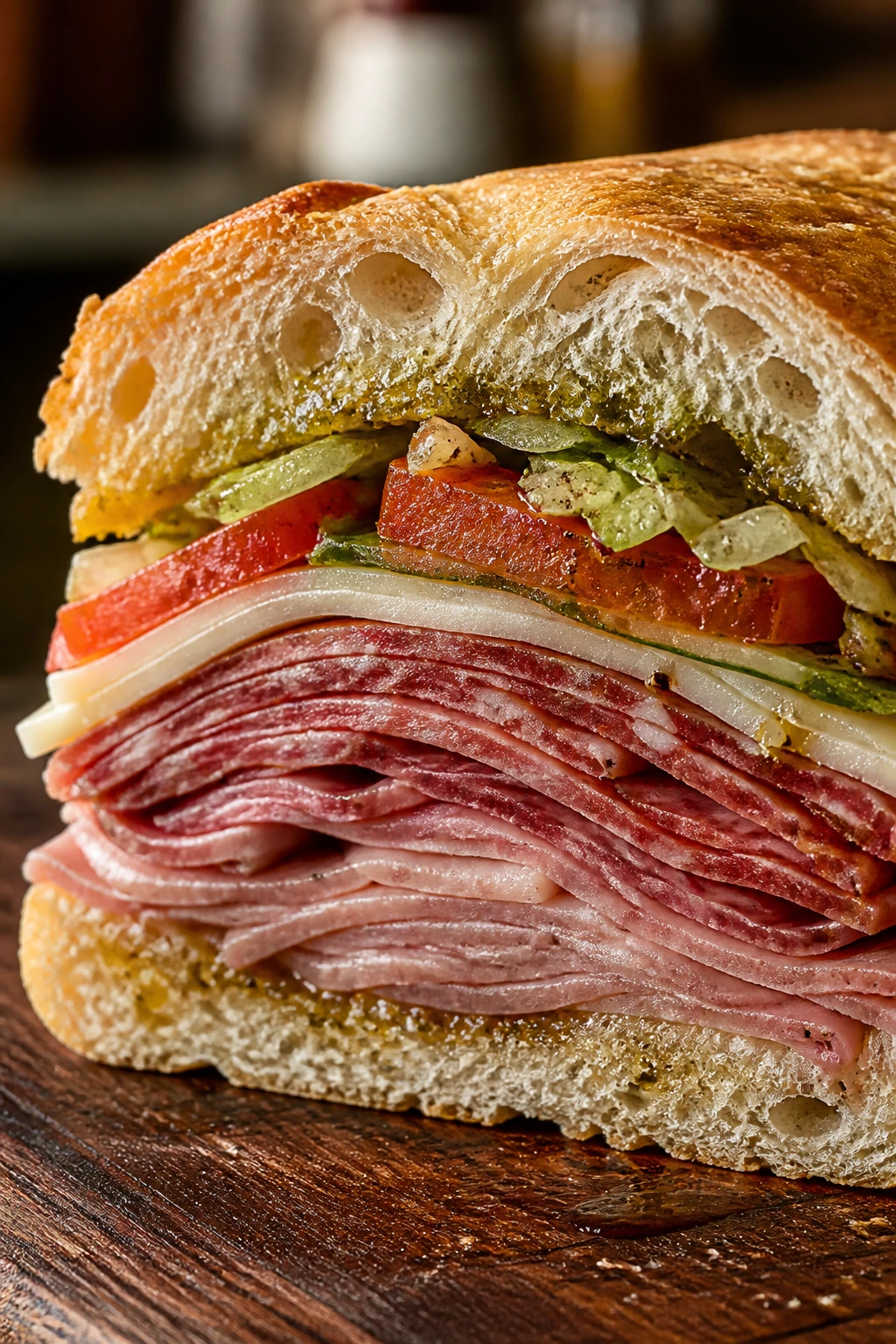 Close-up of an Italian sub showing layered meats, cheese, and vegetables on a wooden board