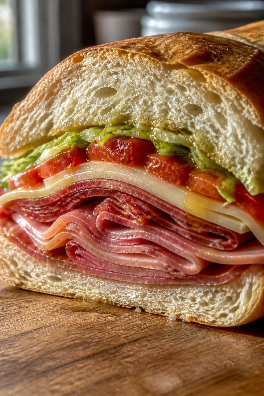 Close-up cross-section of a stacked Italian sub showing multiple meat layers on crusty bread