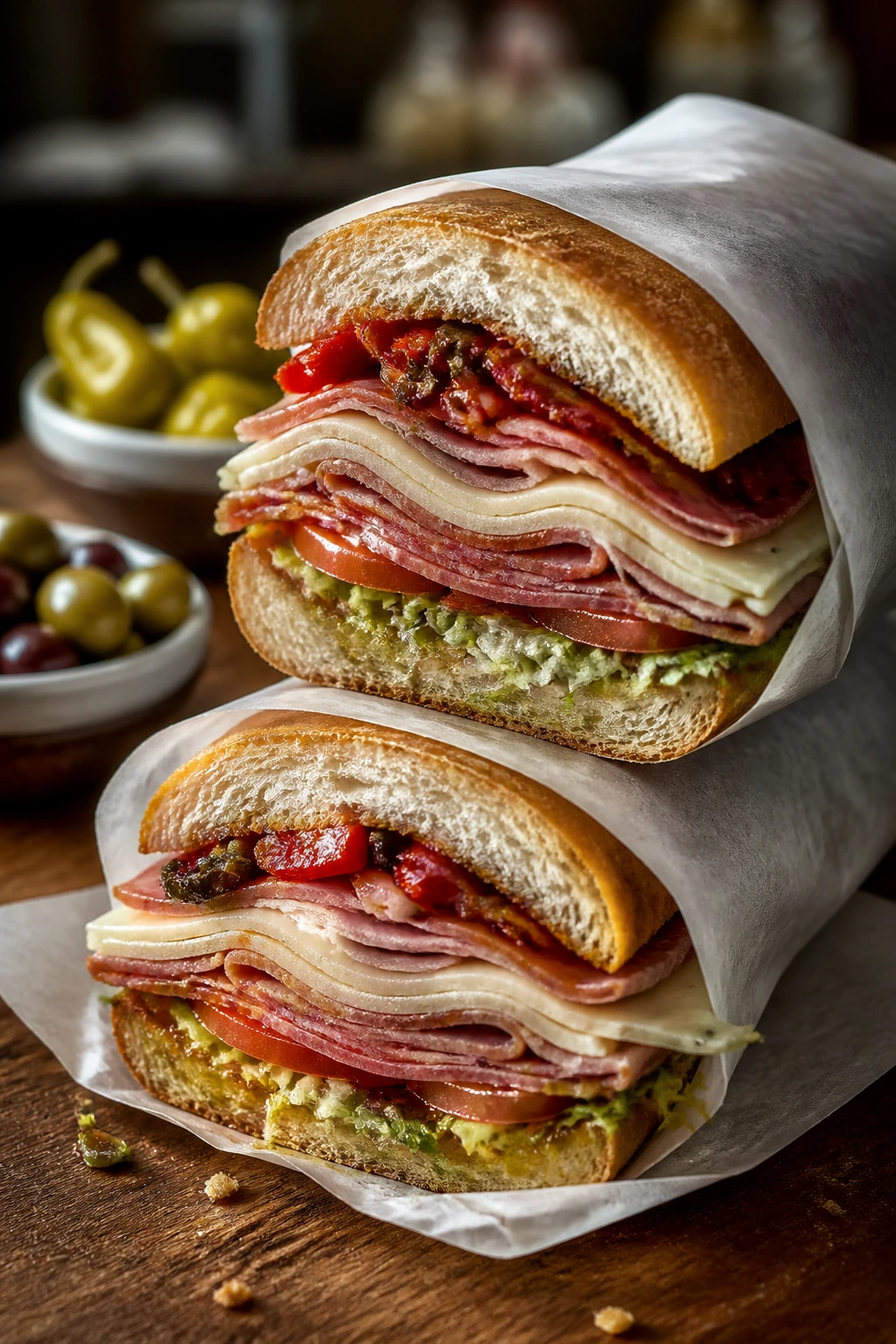 Diagonally cut Italian sub wrapped in parchment on rustic counter for deli lunch presentation