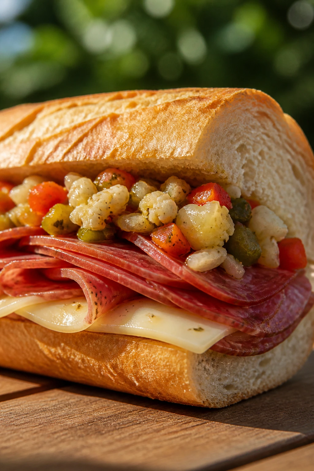 Close-up of Italian sub with salami provolone giardiniera on rustic cutting board outdoors