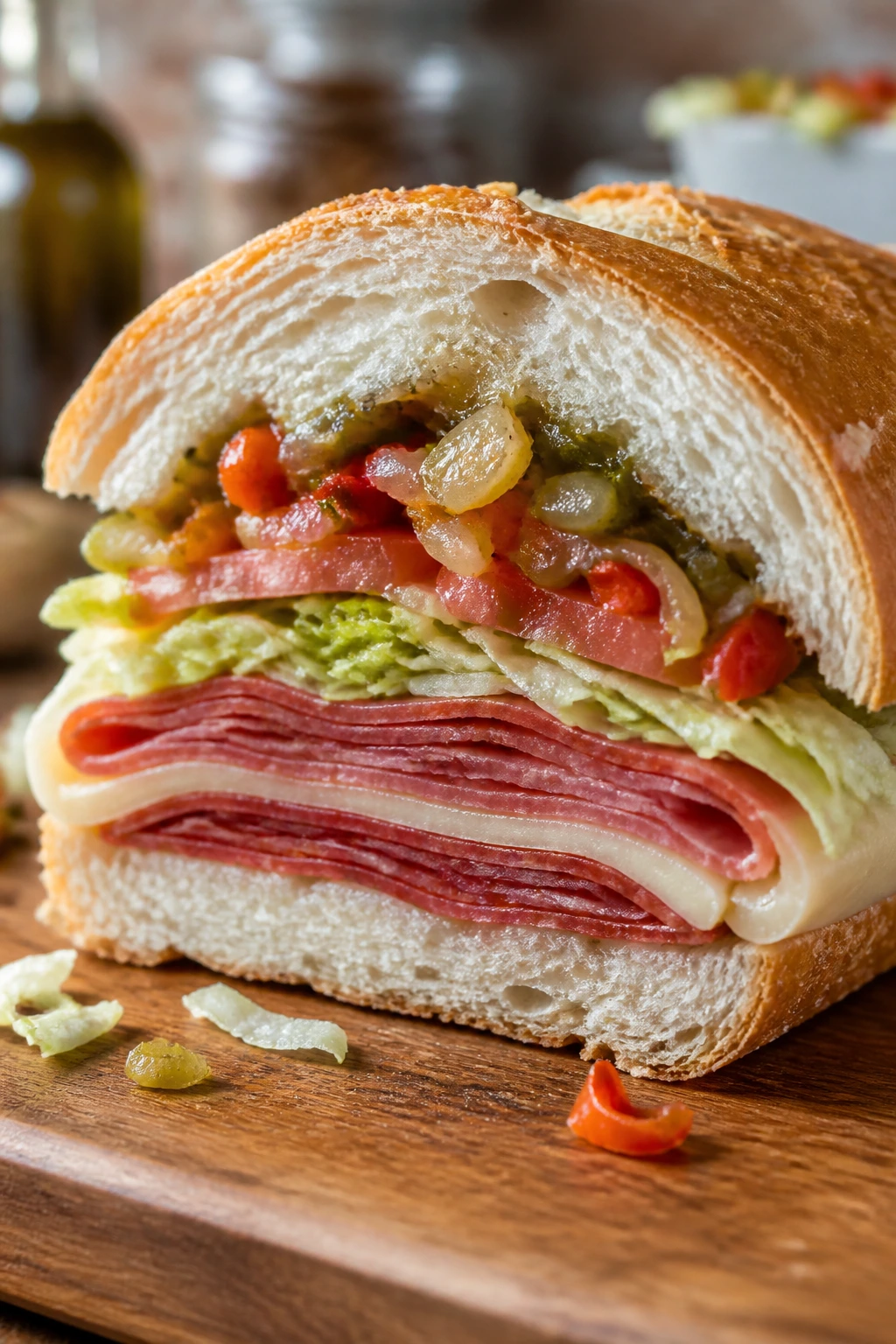 Cross-section of Italian sub with salami provolone giardiniera