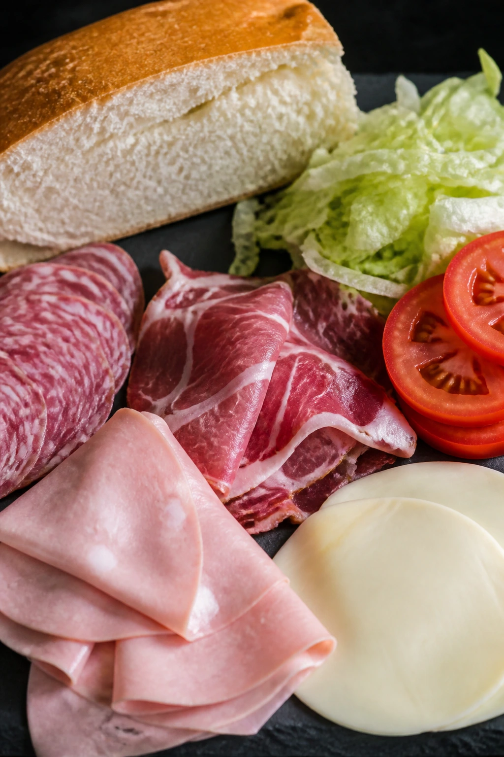 Close-up of core Italian sub ingredients arranged on slate board