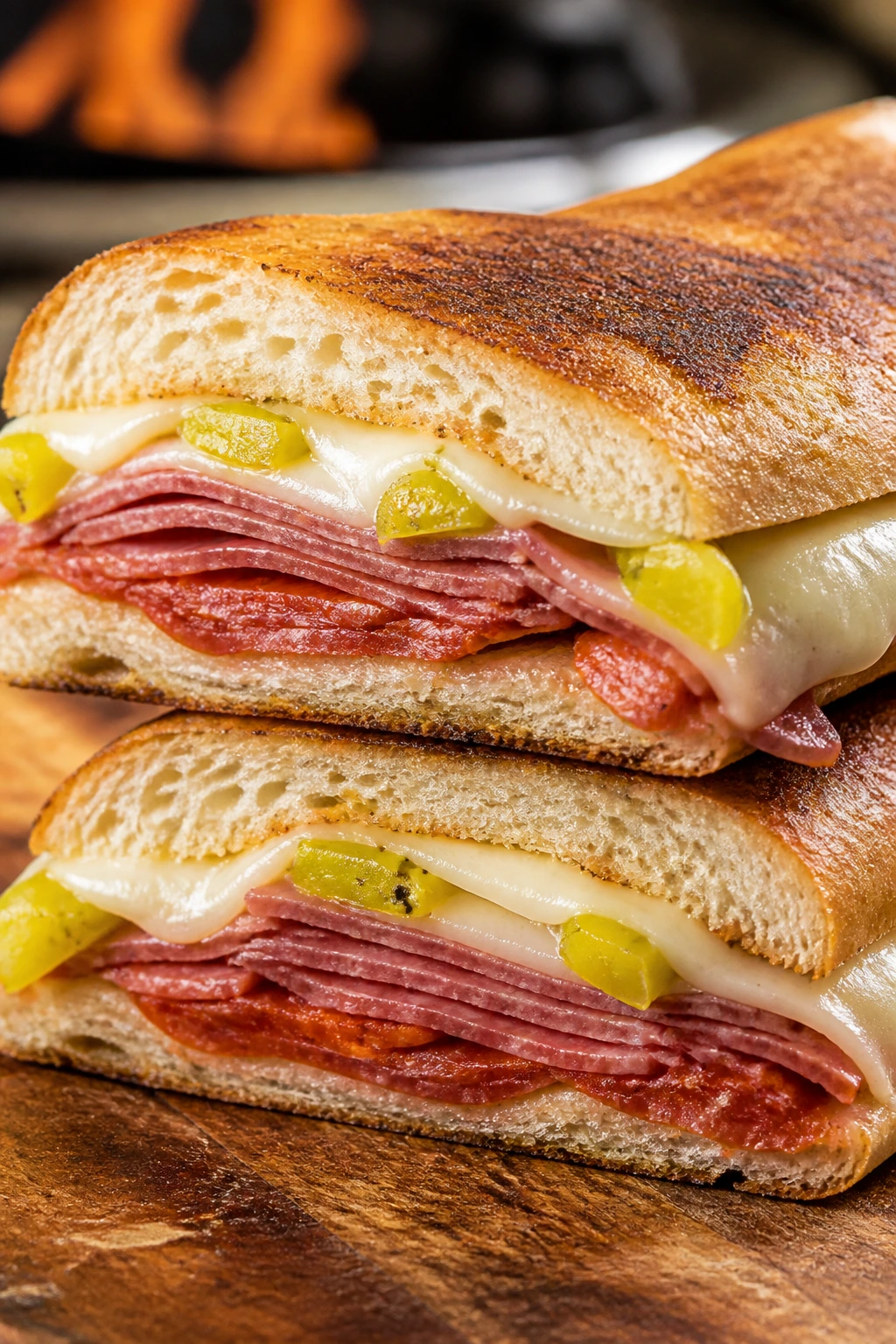Close-up of Italian sub melt with salami and provolone on a toasted roll