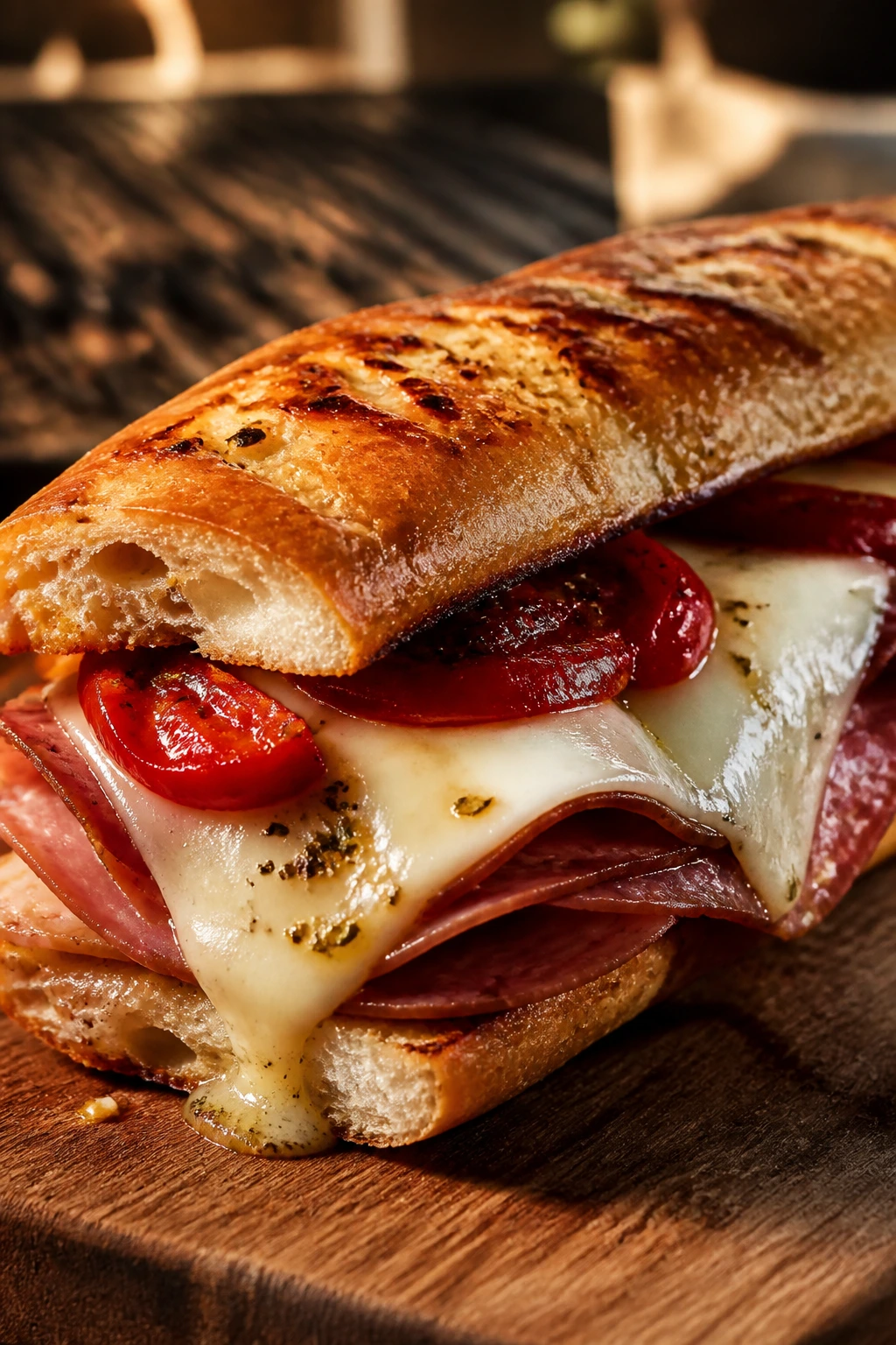 Close-up of Italian sub melt with melted provolone and peppers on toasted bread