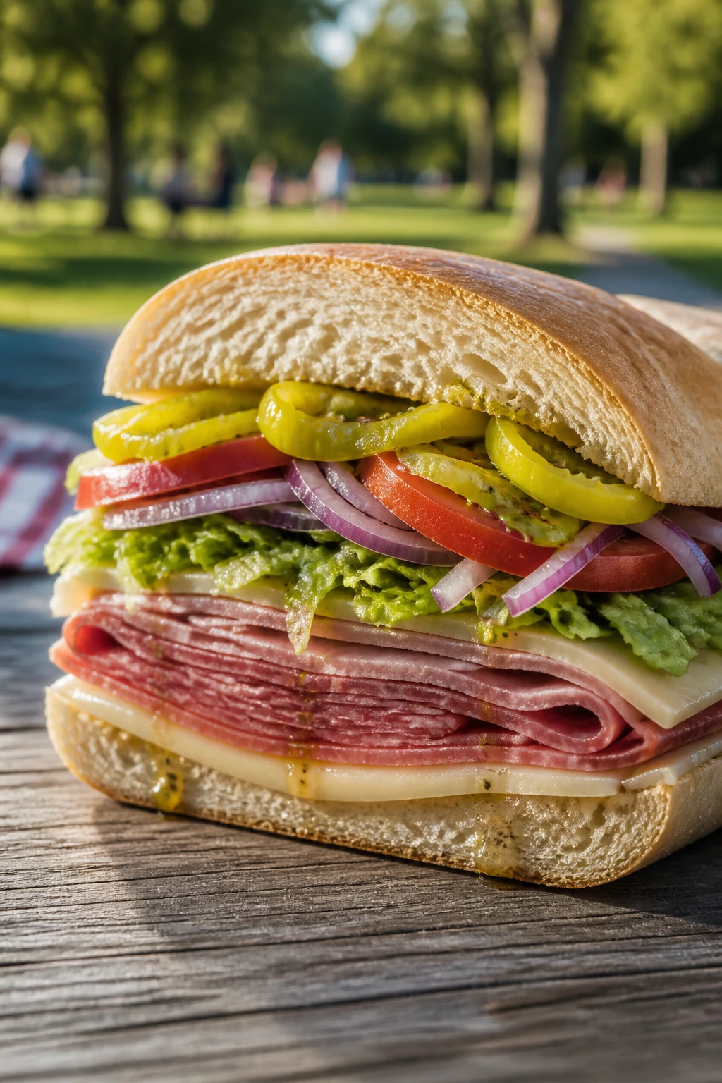 Italian sub with pepperoncini on a park picnic table