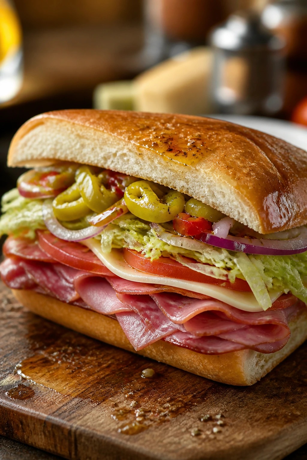 Close-up of Italian sub with meats, cheese, lettuce, tomato, and pickled peppers
