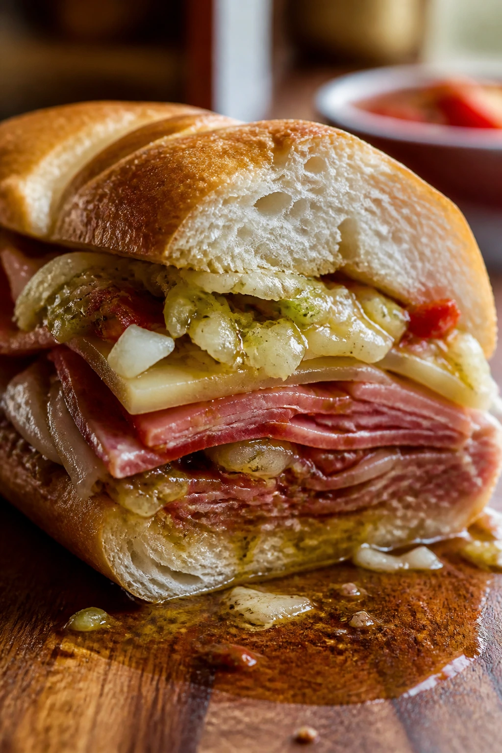 Half-cut Italian sub on cutting board showing bread and fillings