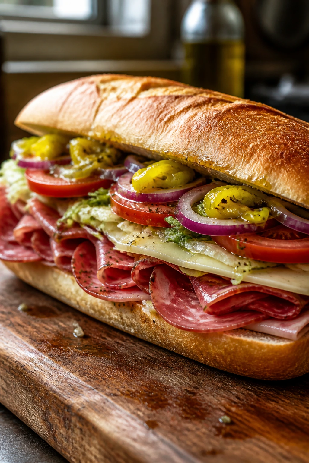 Fully dressed Italian sub on a wooden board with visible layers and toppings