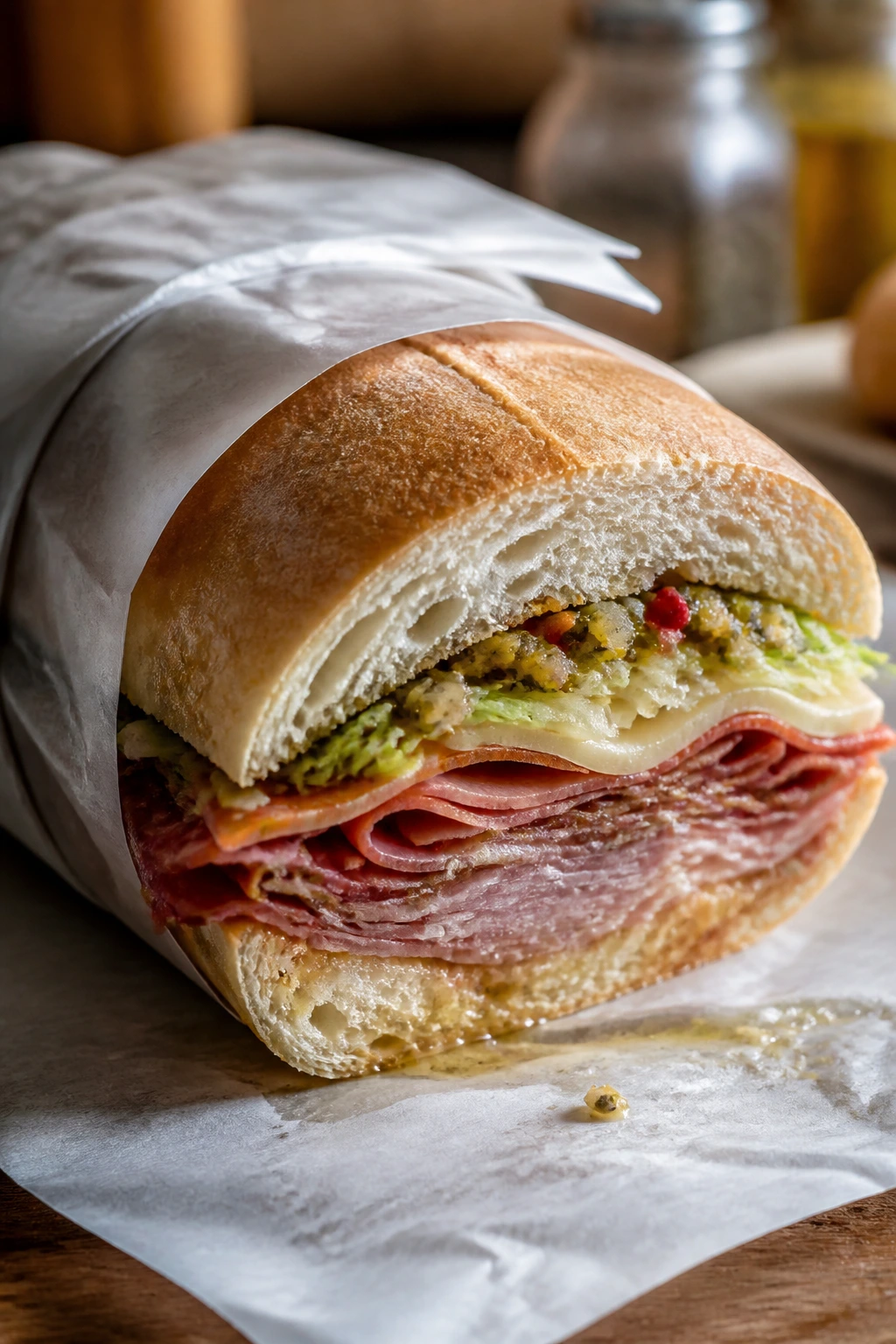 Italian sub resting on parchment with rest time implied