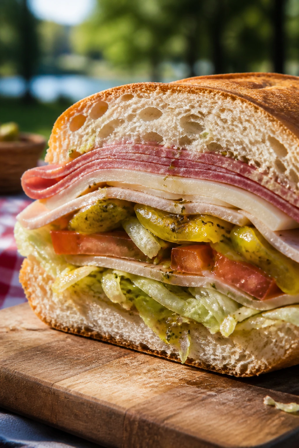Cross-section of Italian sub sandwich with salami and provolone on a wooden board outdoors