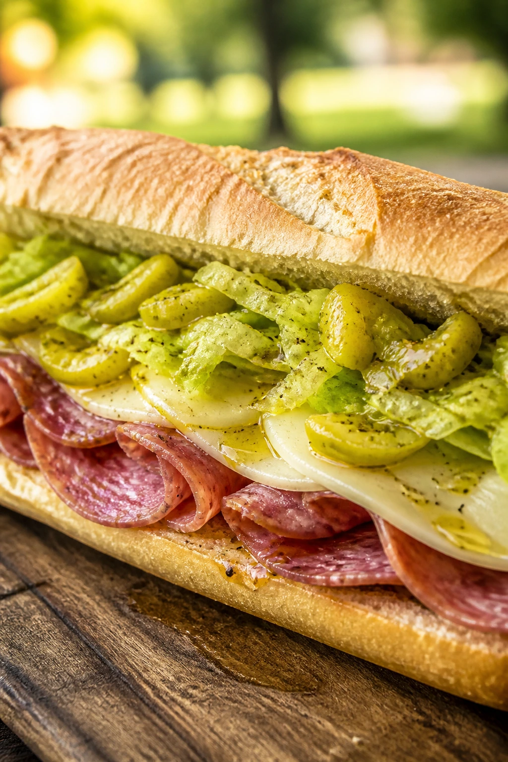 Close-up of an Italian deli sub with salami and provolone on crusty bread with lettuce and pepperoncini
