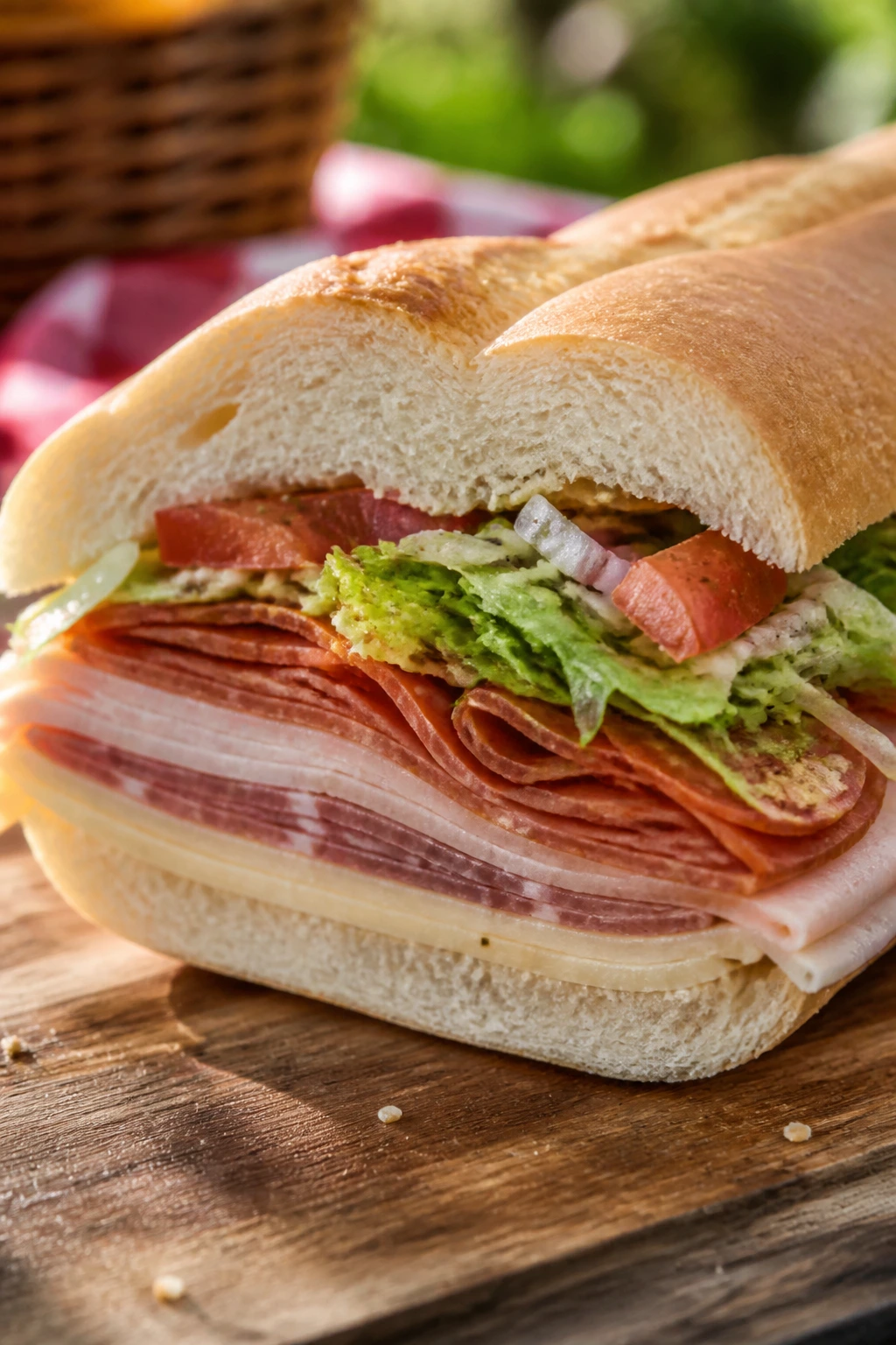Italian sub sandwich layered with meats and cheese outdoors