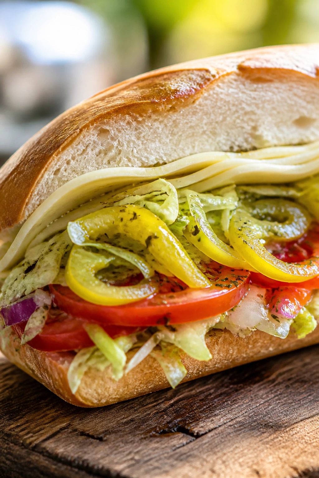 Half Italian sub with shaved veggies and provolone outdoors