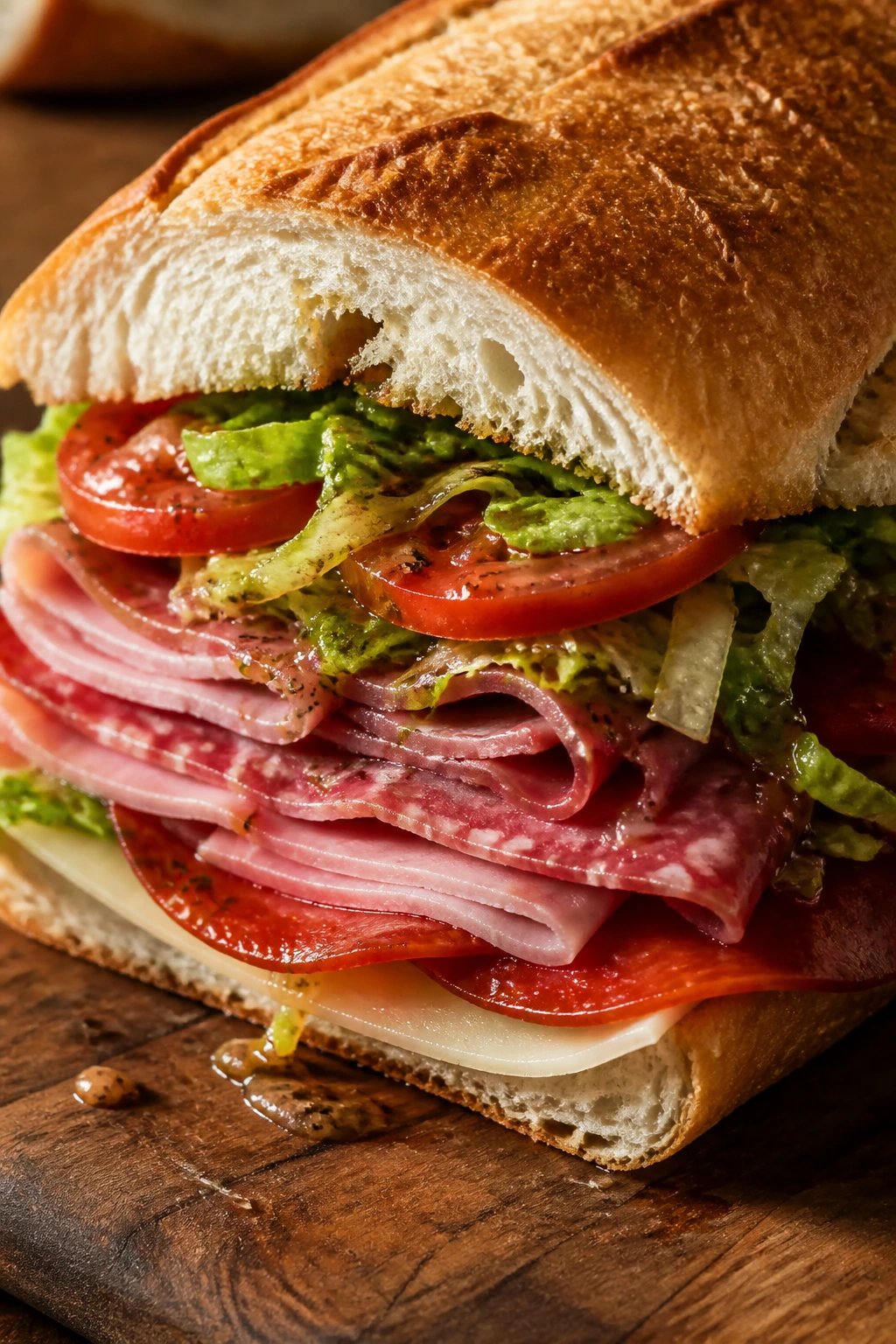 Close-up of Italian sub with vinaigrette on wooden board