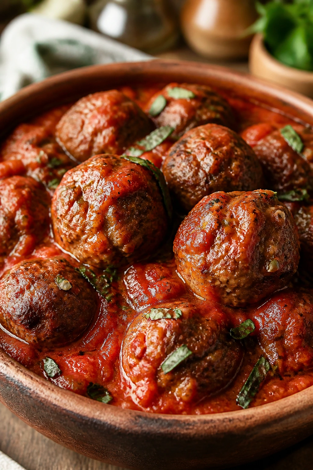 Beef meatballs in rich tomato sauce with fennel and basil