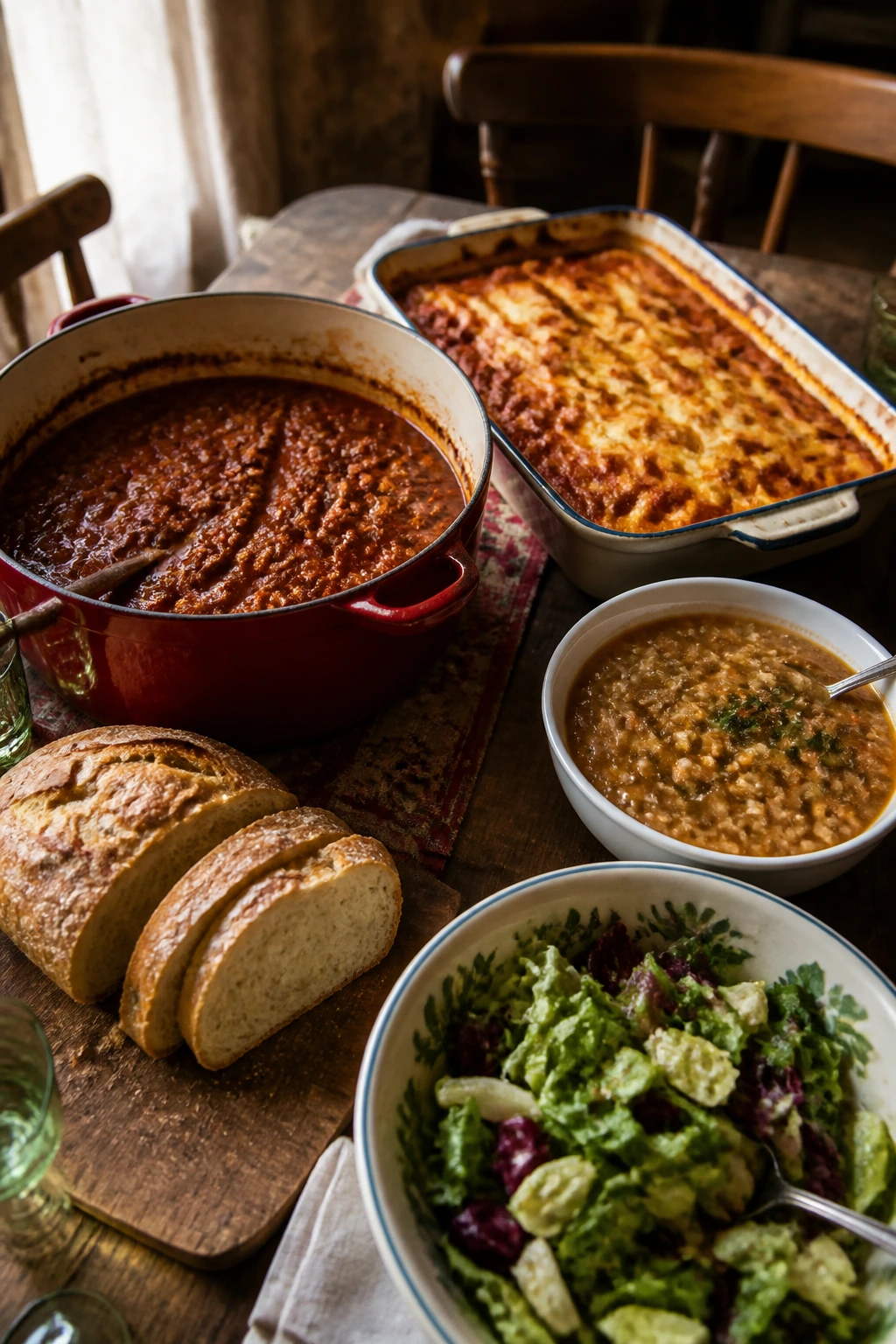 Rustic Italian dining table with ragù, baked pasta, soup, bread, and salad in warm kitchen light