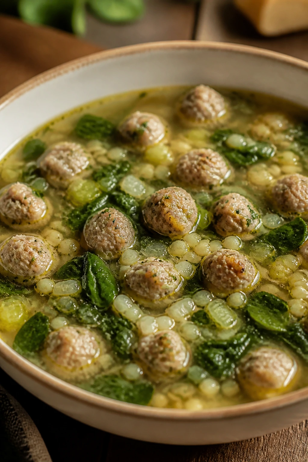 Steaming bowl of Italian wedding soup with tiny meatballs and greens.