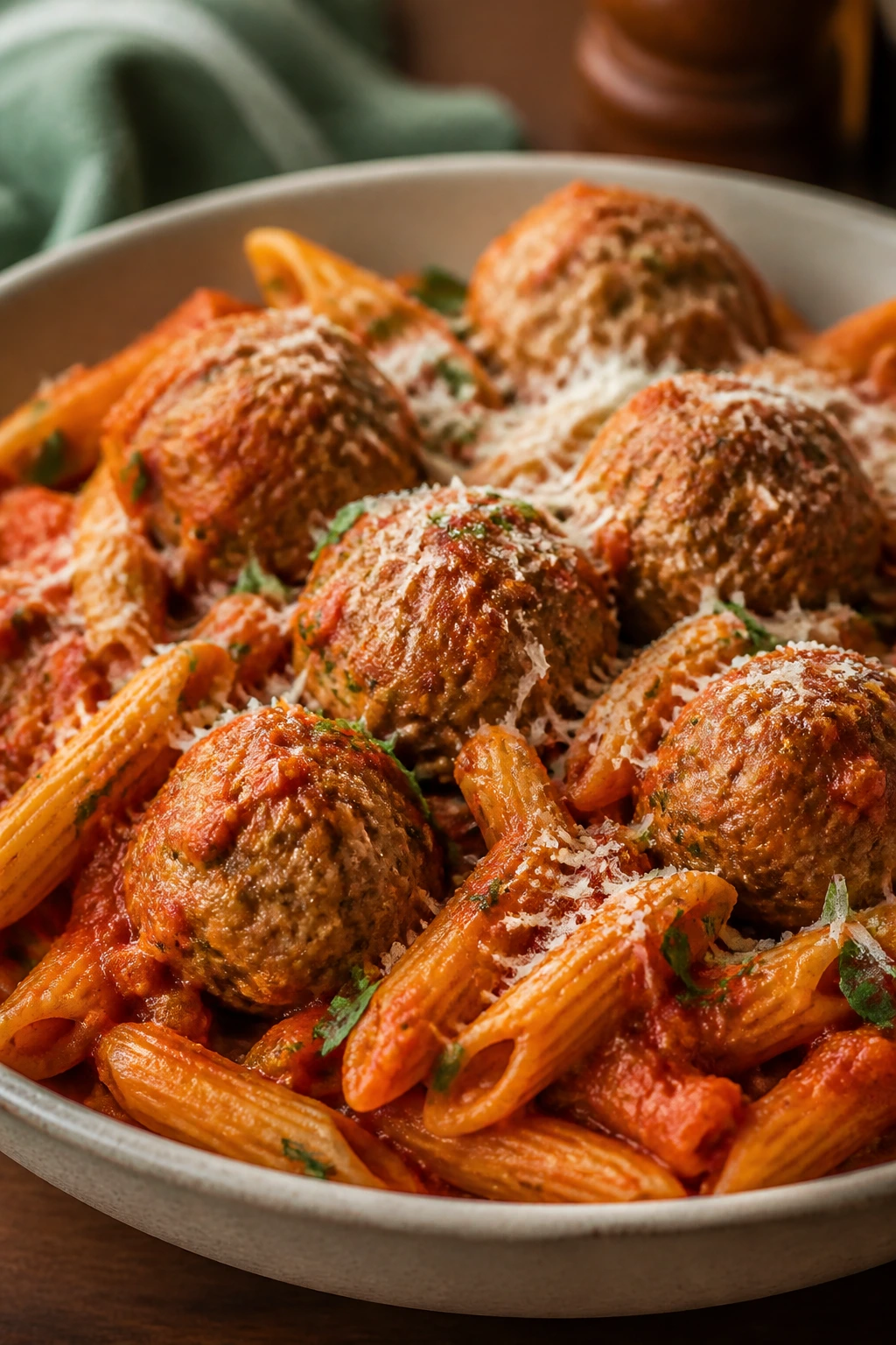 Close-up of Italian Turkey Meatball Pasta in a rustic kitchen bowl