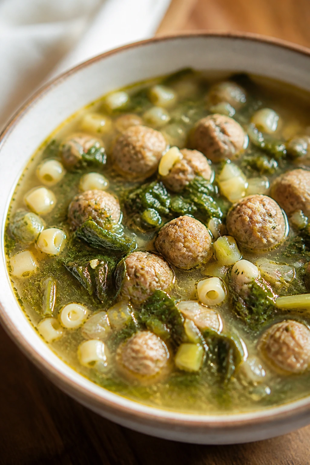 Italian wedding soup with tiny meatballs and escarole in broth